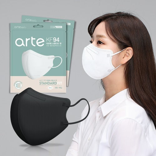 Korean KF94 2D adult face masks by Arte, 50-pack, showing the 2D contoured design and packaging for respiratory protection.