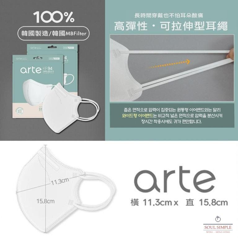 Korea KF94 2D adult face masks by Arte, 50-pack, featuring three-dimensional design for comfortable facial fit.